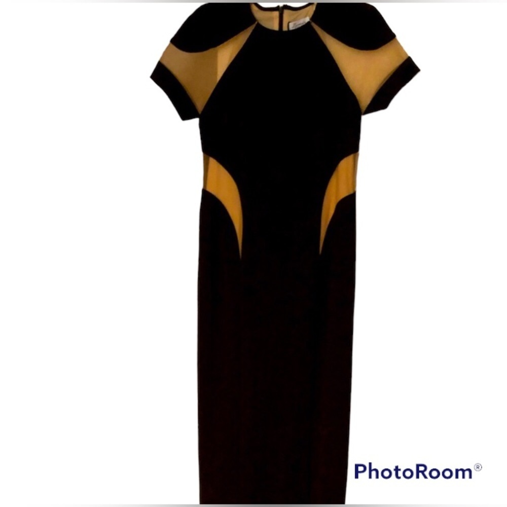 Lumiere by Bariano Black & Tan Nude Illusions Mesh  Cocktail Dress